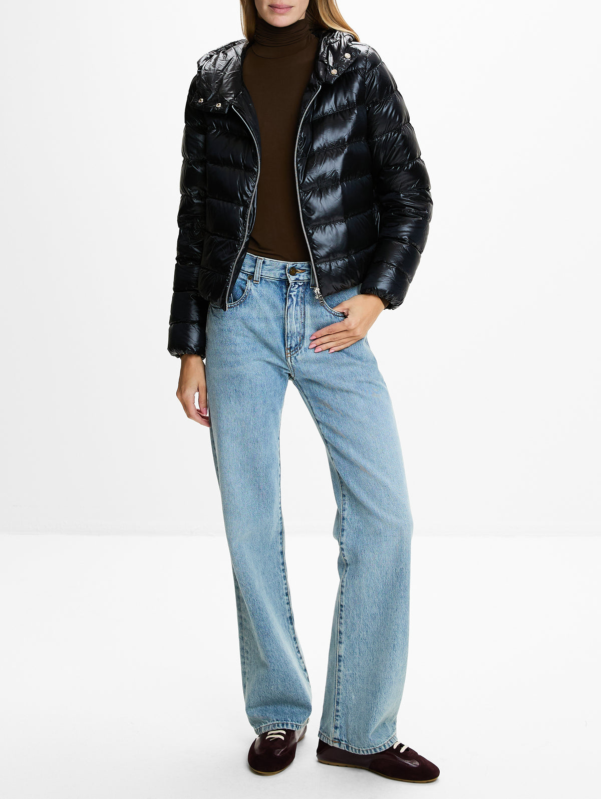 Shiny Nylon Bomber Coat,HERNO,BLACK,Image 2