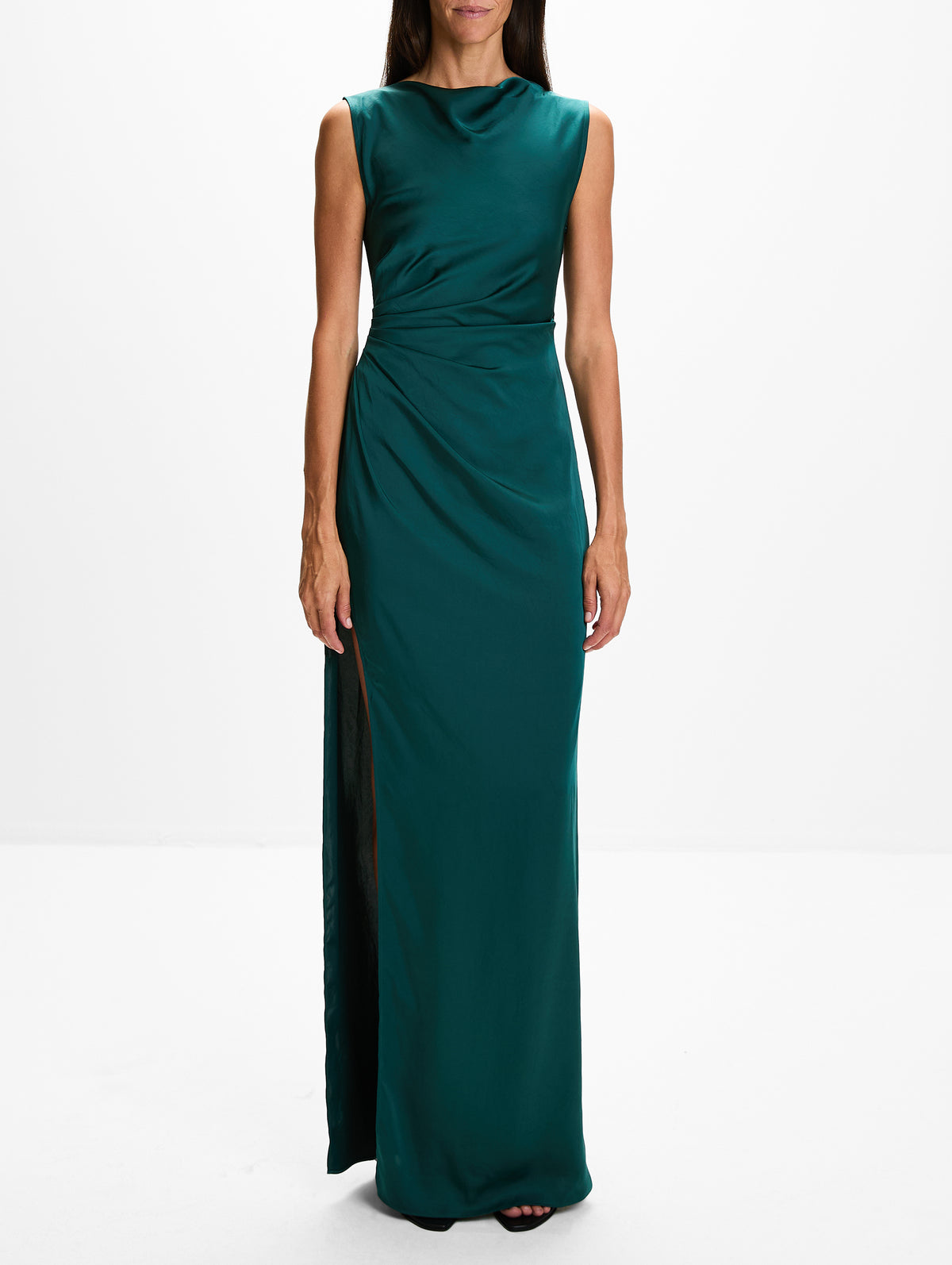 Satin Ruched Gown,LAPOINTE,EMERALD,Image 2