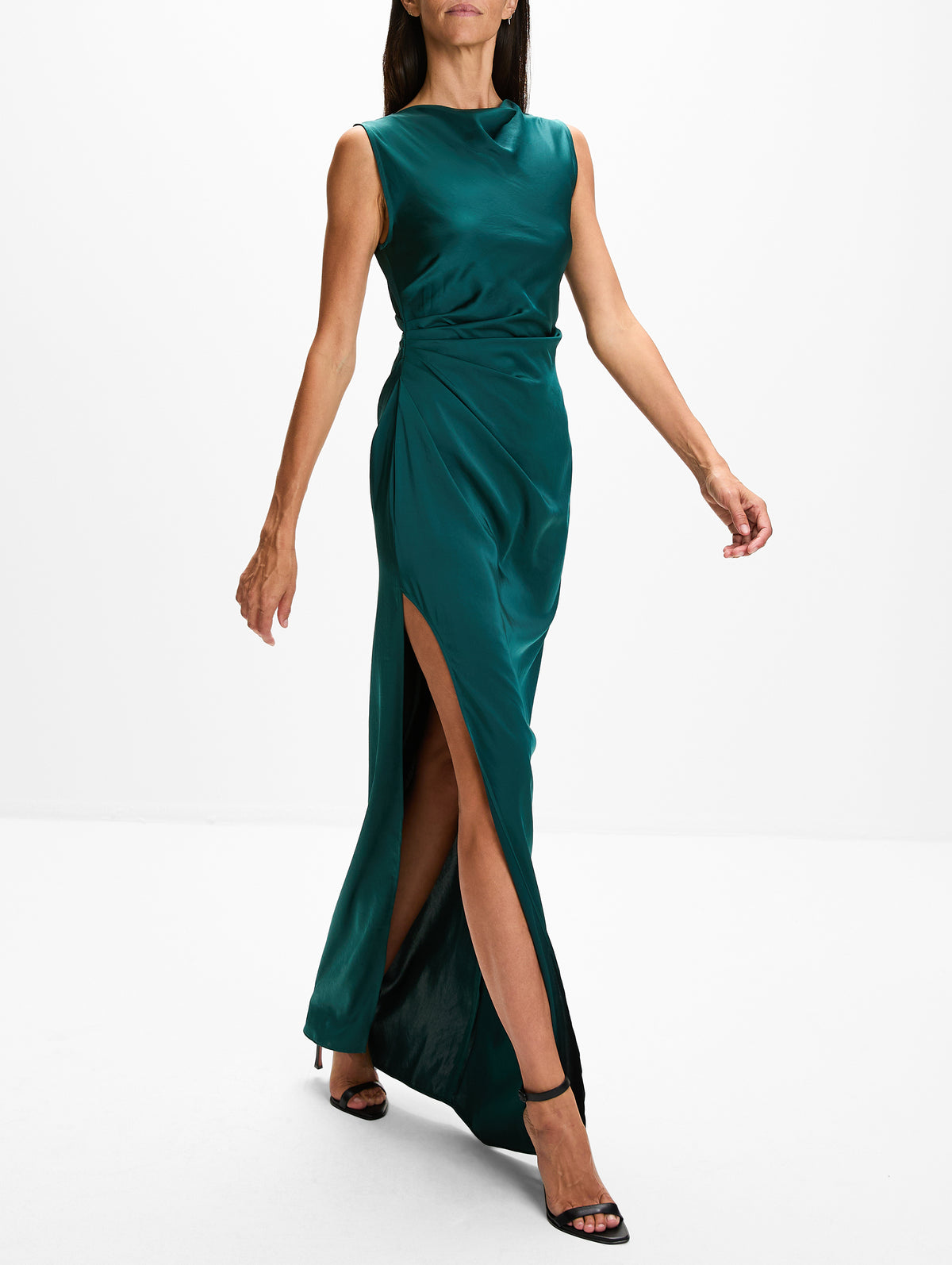 Satin Ruched Gown,LAPOINTE,EMERALD,Image 3