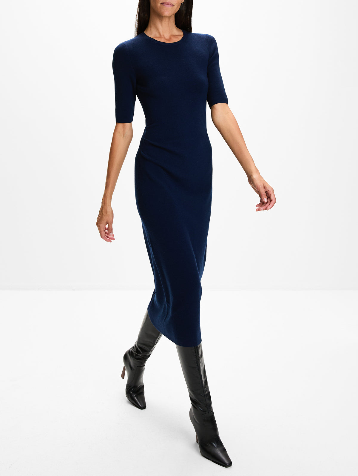 Short Sleeve Knitted Dress,LA LIGNE,NAVY,Image 3