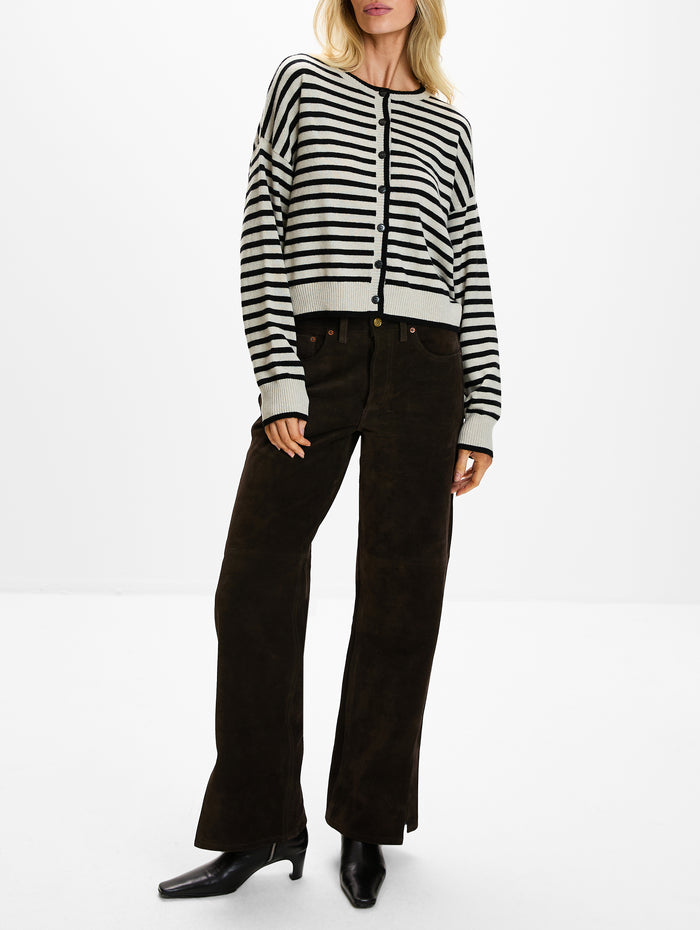 Marit Stripes Cardigan,LISA YANG,OYSTER/BLACK,Image 1