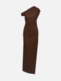 One Shoulder Ruched Maxi Dress,ZEYNEP ARCAY,DARK BROWN,Image 1