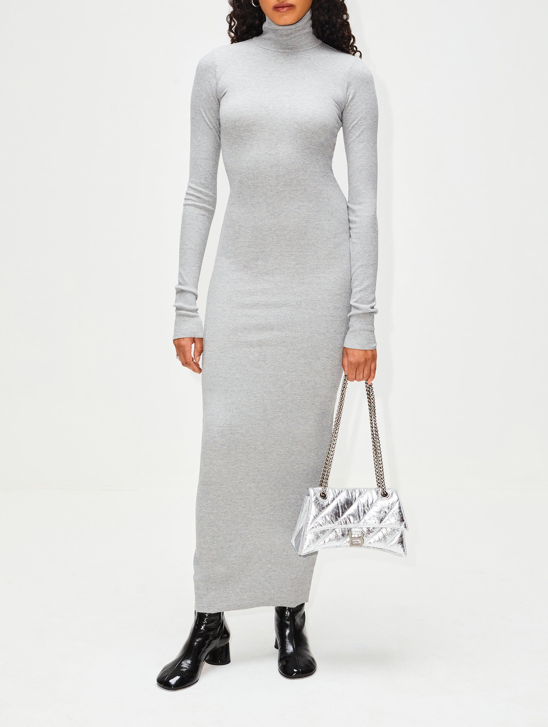 Eterne Long Sleeve Turtleneck Mini Dress, Butter Soft Ribbed Cotton, Form Fitting, Grey, L