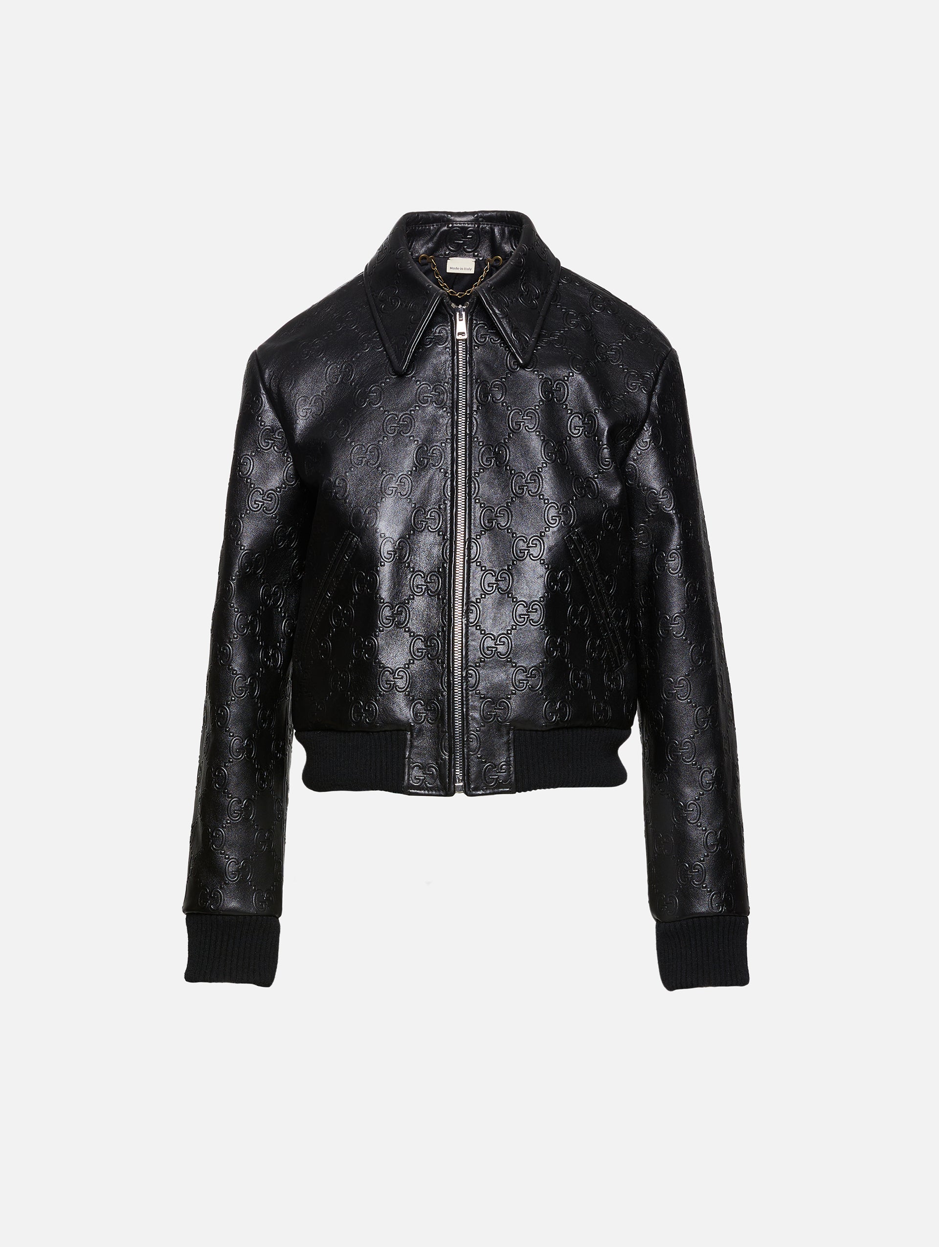 Black GG-embossed leather bomber jacket, Gucci