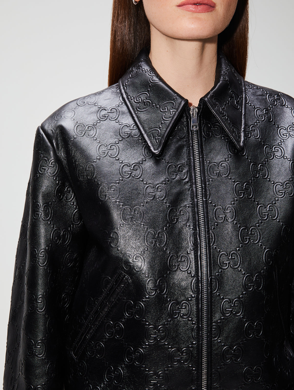 Gucci Embossed GG Leather Bomber Jacket
